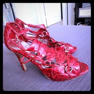 Red animal print gladiator heels